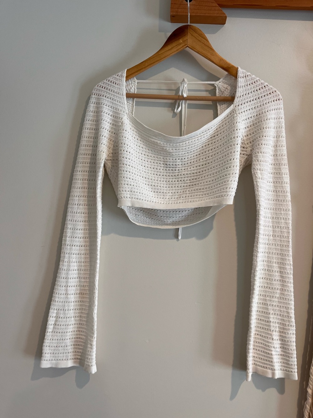 TIC TOC Long Sleeve Sweater Cropped Top LARGE Crochet White Ivory Square Neck